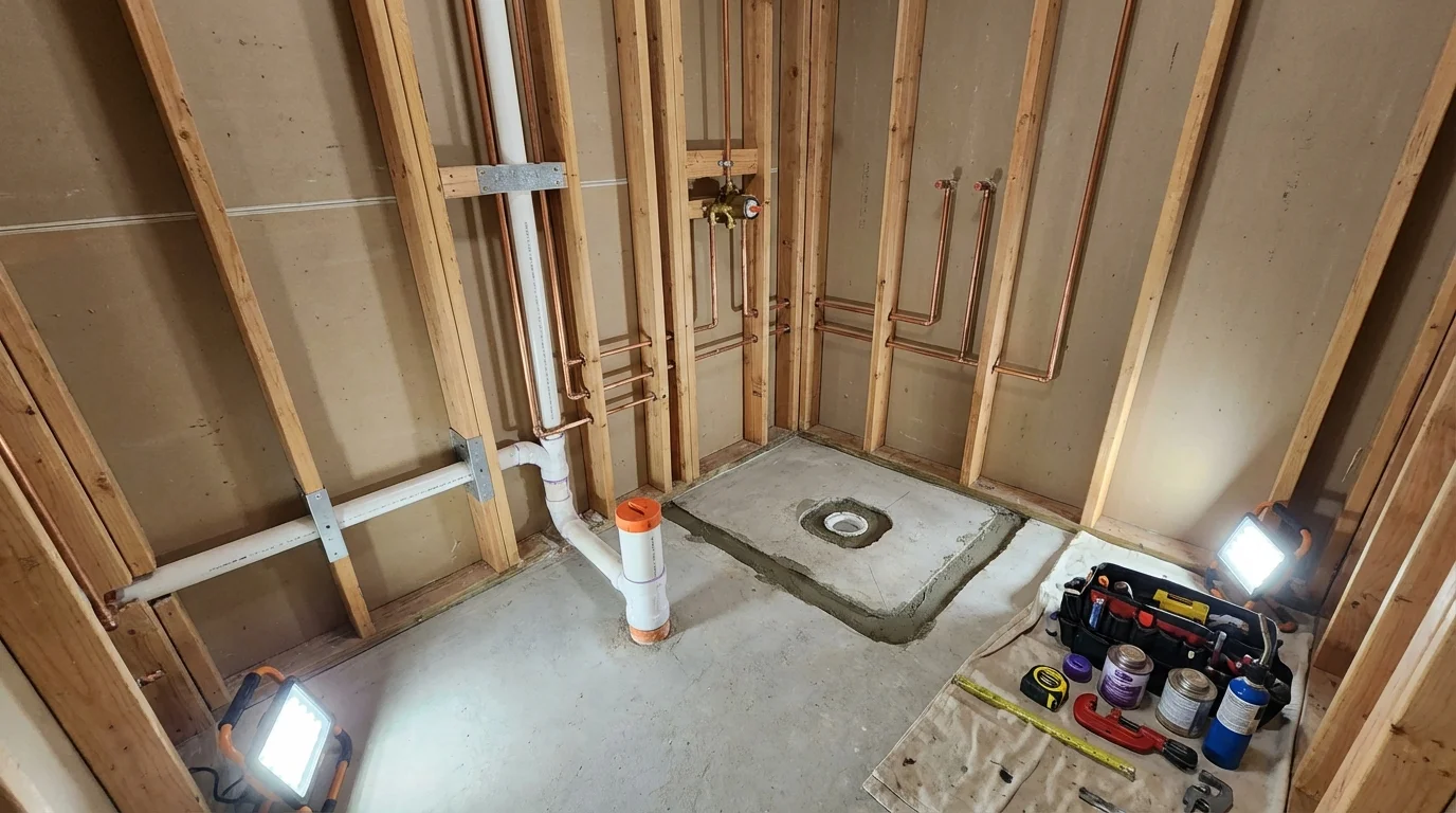 Bathroom rough-in plumbing during remodel by Johns Plumbing LLC in Smithfield
