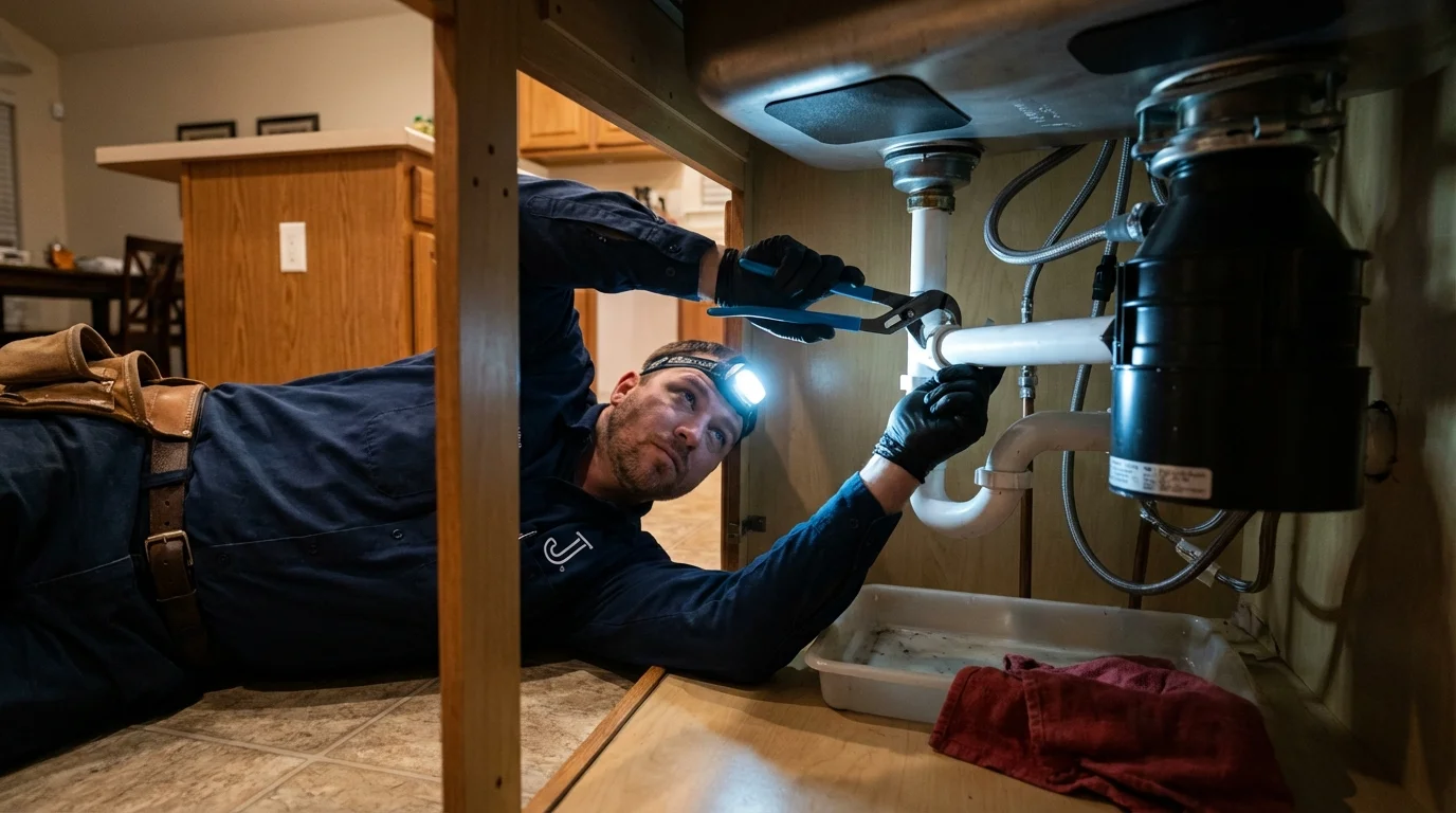 P-trap and supply line connections under a kitchen sink showing a common leak point in Smithfield, UT